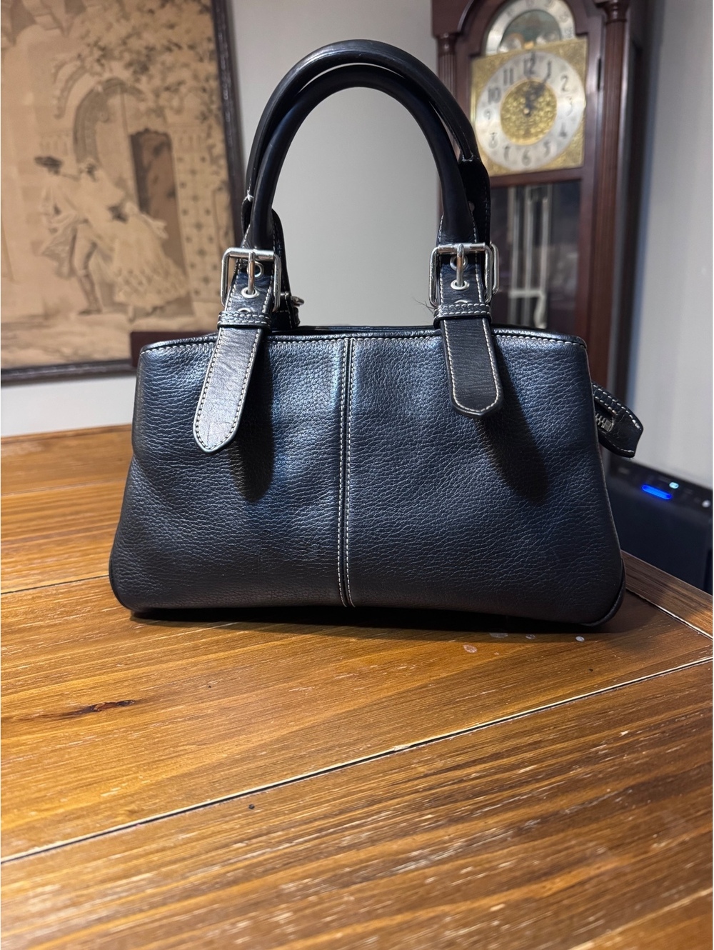 Vintage Dooney & Bourke Black Pebbled Leather Satchel Handbag Contrast Stitching